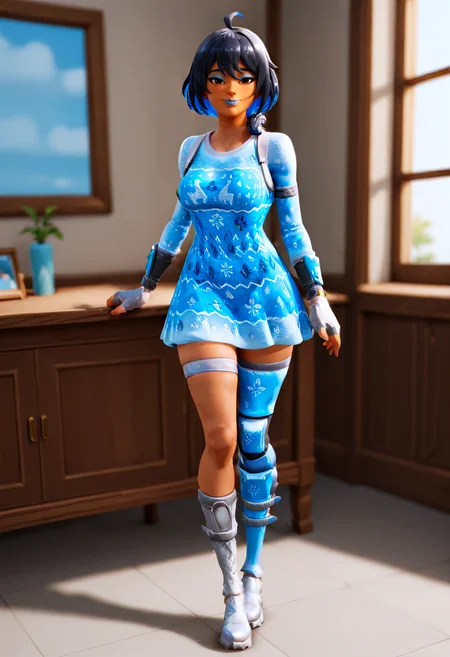 IllustriousQual <lora:StS-Illustrious-Detail-Slider-v1.0:2> <lora:cfg_scale_boost:0.3> <lora:Frozen_Nog_Ops_IL:1> FrozenNogOpsIL, dark skin, dark-skinned female, black hair, grey ponytail, braided hair, brown eyes, blue eyeshadow, blue lipstick, fingerless gloves,detailed_background,indoors,smile,dress,self-upload,highres,black hair,shirt,multicolored hair,blue eyes,honkai \(series\),1girl,short hair,honkai impact 3rd,blue hair,solo,maido \(lilym4ido\),seele vollerei,colored inner hair,looking at viewer,closed mouth,full body,hair between eyes
