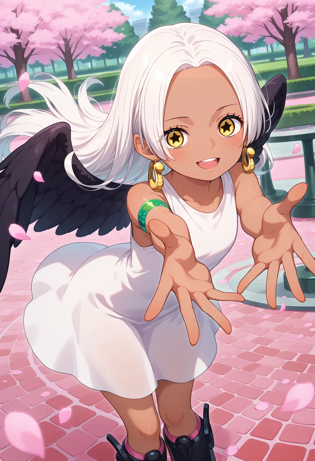 best quality, masterpiece, aass, long hair, white hair, dark-skinned female, earrings, yellow eyes, star-shaped pupils, black wings, white dress, sleeveless, armlet, knee boots, black footwear, <lora:s-snake_ilxl_v1:0.9>, standing, cowboy shot, park, smile, open mouth, reaching, petals,