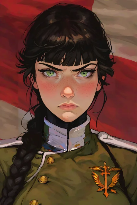 1girl, Manic pixie, Pretty face, Medium full shot, black hair, stern expression, freckles, green eyes, military uniform, white flag with red insignia background, natural light<lora:incase-ilff-v3-4:0.55> <lora:Manic_Pixie:0.85>