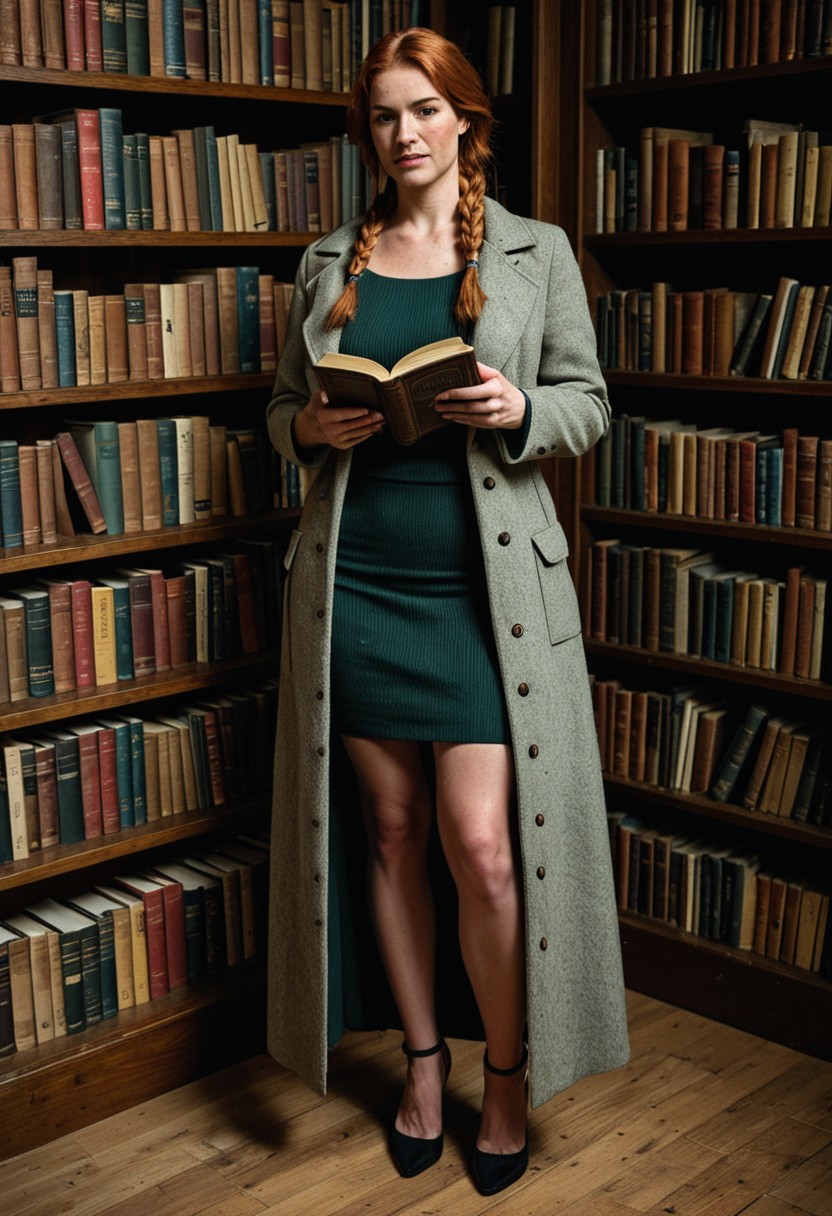 masterpiece, best quality, ultra-detailed, realistic skin, intricate details, highres, 1girl,full-body portrait of a 30-year-old woman, Irish heritage, fair skin with freckles, long auburn hair in a braid, angular face with thin lips and a straight nose, soft green eyes, tall and slim build, wearing a dark wool skirt and knit sweater layered under a tweed coat, standing in front of a historic stone library, holding a stack of old books, relaxed posture with one knee bent slightly, cloudy ambient lighting, ultra realistic, 4k