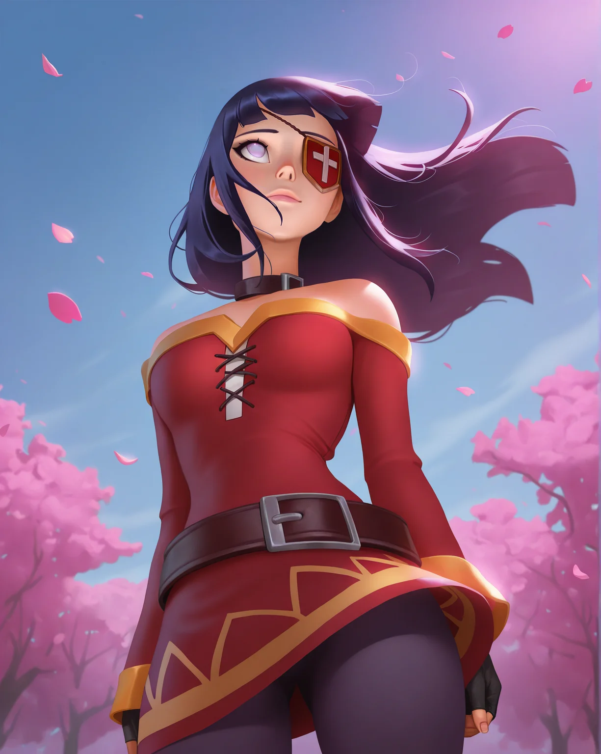 lorsty, 1girl, hyuuga hinata, megumin (cosplay), eyepatch, looking up, wind, cherry blossoms, from below
masterpiece, best quality, highres, absurdres
<lora:LegendOfRuneterra_ILXL:1>