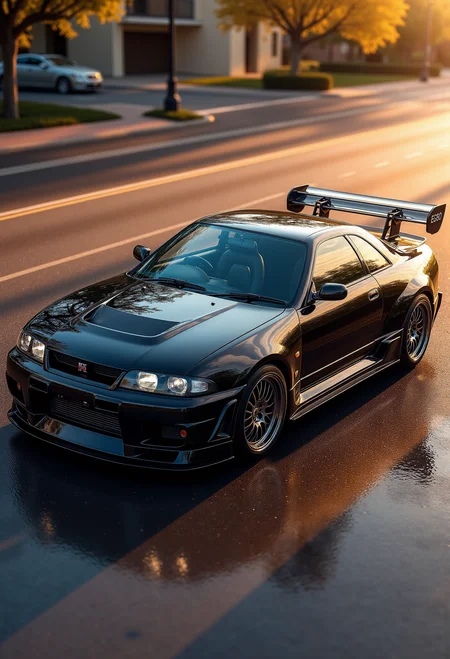 <lora:Nissan_Skyline_GT-R_R33:0.7> A from isometric perspective of a gorgeous Nissan Skyline GT-R R33 in all its shining glory. In a style of clean look. The car has black hues paint job with golden undertone. Mirror-like, high gloss finish catches bright highlights. Vibrant color palette.