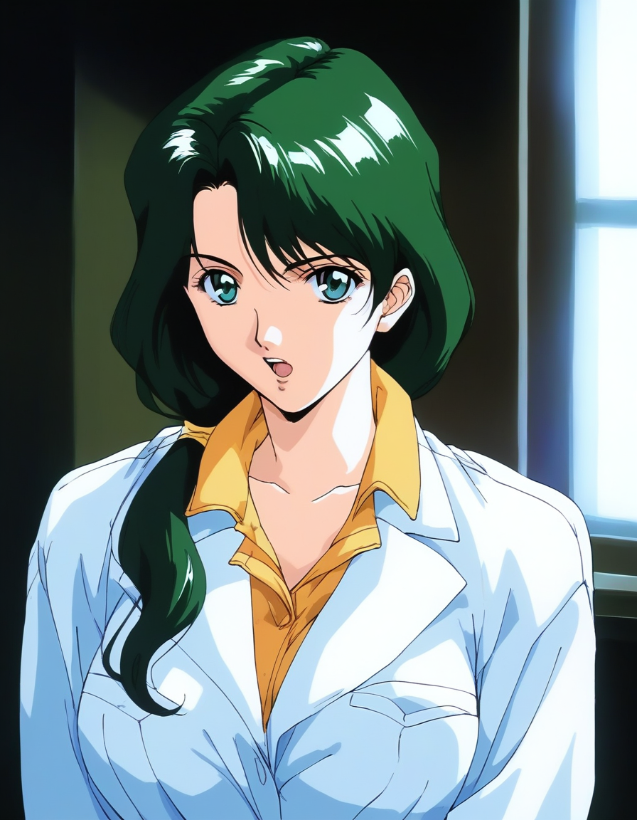 score_9, score_8_up, score_7_up, source_anime, rating_explicit, BREAK <lora:Sakurai_Sensei_XL:1>Sakurai_Sensei, dark green hair, long hair, green eyes,  large breasts, 
ponytail, lips,1990s (style), anime coloring, 
 1girl, solo,  open mouth, looking at viewer, window, labcoat, shirt, collarbone, upper body, indoors, blue eyes, hair over shoulder, parody, parted lips, portrait, 1980s (style), collared shirt, bangs
Japanese room.