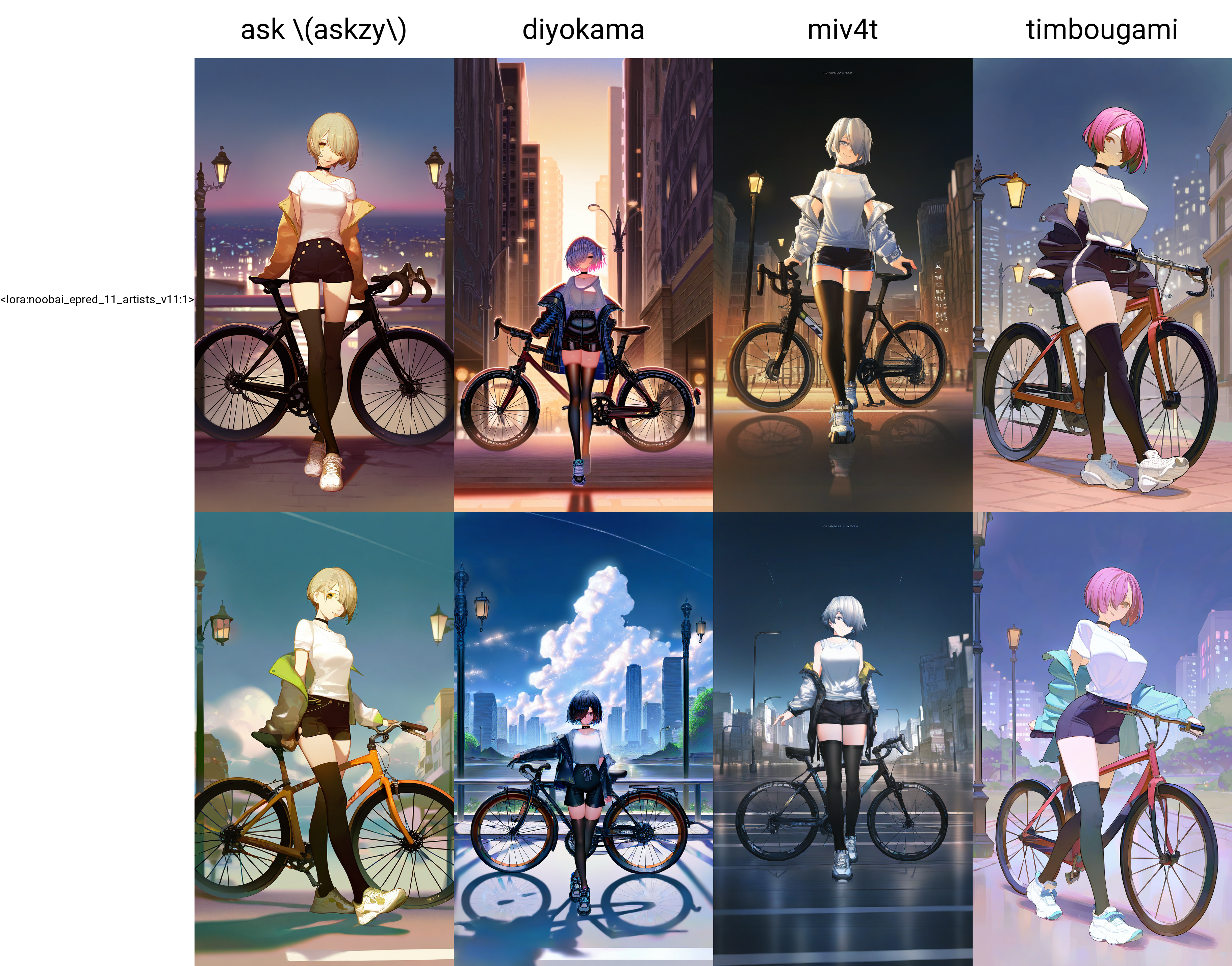ask \(askzy\),
1girl, solo, bicycle, outdoors, jacket, short hair, lamppost, sneakers, shorts, hair over one eye, city, sky, building, off shoulder, looking at viewer, full body, choker, white shirt, standing, black thighhighs, smile, walking,
masterpiece, best quality, very awa, absurdres
<lora:noobai_epred_11_artists_v11:1>