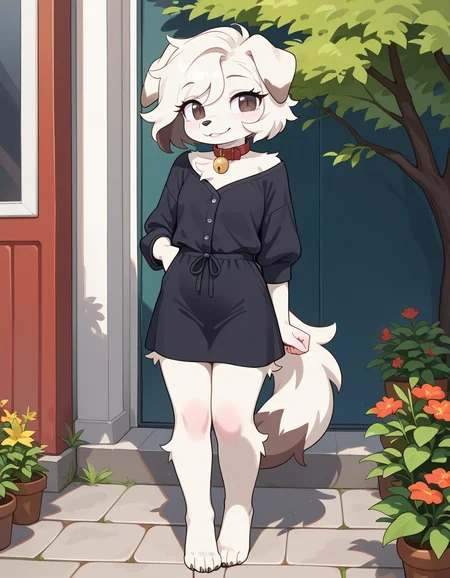 masterpiece, best quality, very aesthetic, absurdres,
outdoors, casual, 
full body, standing, posing, 
seductive smile, parted lips, long eyelashes,
 <lora:Infi_v01_NAIXL:1>,
1nf1,1girl,solo,furry,furry female,dog girl,dog ears,short hair,white hair,brown eyes,snout,animal nose,collar,neck bell,body fur,white fur,dog tail,