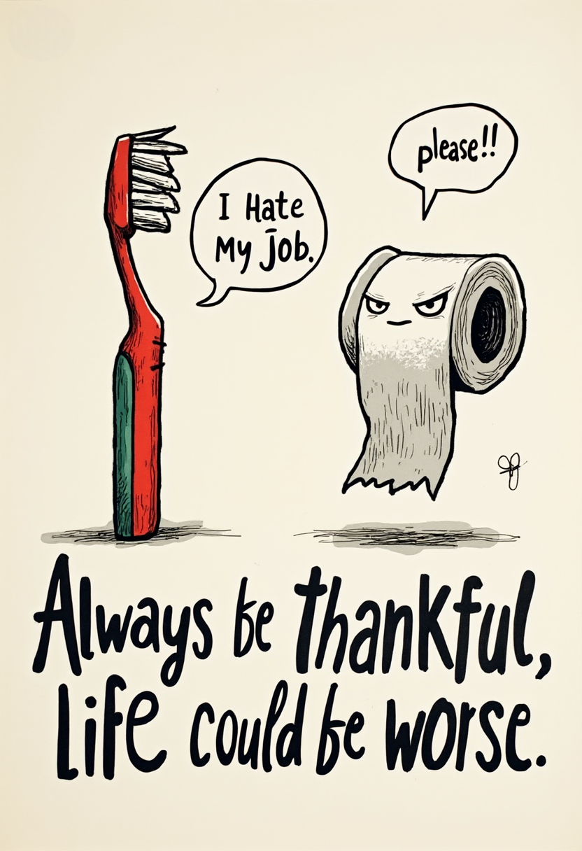 A humorous and quirky cartoon featuring a toothbrush and a roll of toilet paper, both with expressive faces. The toothbrush looks fed up and has a speech bubble saying, "I hate my job." The toilet paper glares back and responds with a speech bubble saying, "Oh please!!!" The illustration serves as a reminder to be grateful for life's simple pleasures, with bold text at the bottom reading, "Always be thankful, life could be worse.", typography, illustration