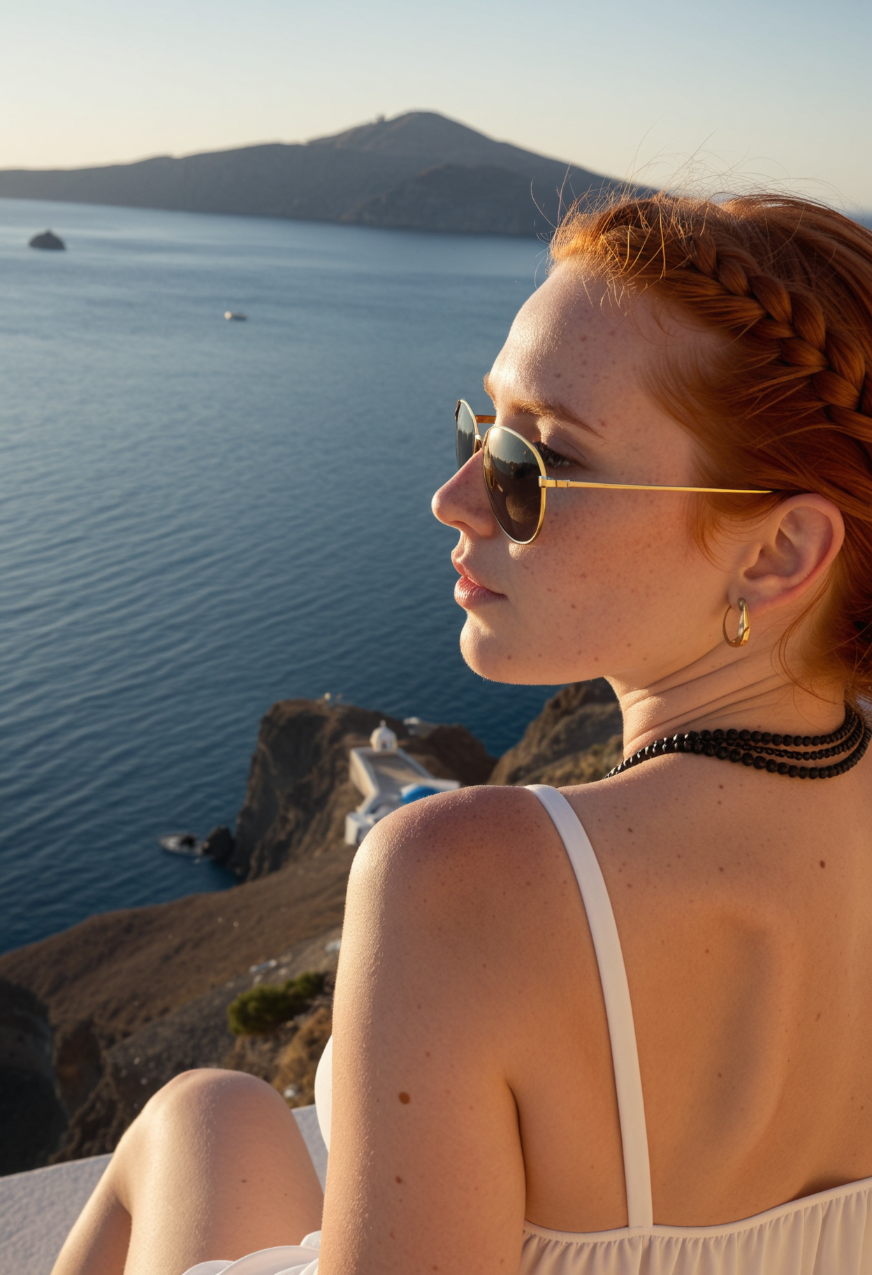 photorealistic, medium shot, adult woman, 28 years old, (looking back with a sultry sexy smirk, stunning eyes, sheer dress falling off shoulders, sideboob nipples, provocative expression), freckled skin, vibrant red hair intricately braided into a complex updo with loose strands framing her face, delicate gold earrings dangling from her ears, wearing oversized black sunglasses with mirrored lenses, a white flowing sundress with subtle pleating and straps that crisscross over her back, revealing the curve of her shoulders and upper back, a thin black beaded necklace adorns her neck, sitting on a weathered white metal chair overlooking a breathtaking caldera view, dramatic cliffs of layered volcanic rock in shades of gray and brown rise sharply from the deep blue Aegean Sea, sunlight casting long shadows across the scene, clear azure sky with scattered wispy clouds, distant islands visible on the horizon, shallow depth of field, bokeh effect highlighting the background landscape, high resolution, 8k, cinematic lighting, volumetric light, detailed textures, realistic skin pores and imperfections, subtle highlights reflecting off the sunglasses, warm color grading, golden hour lighting, Santorini, Greece.