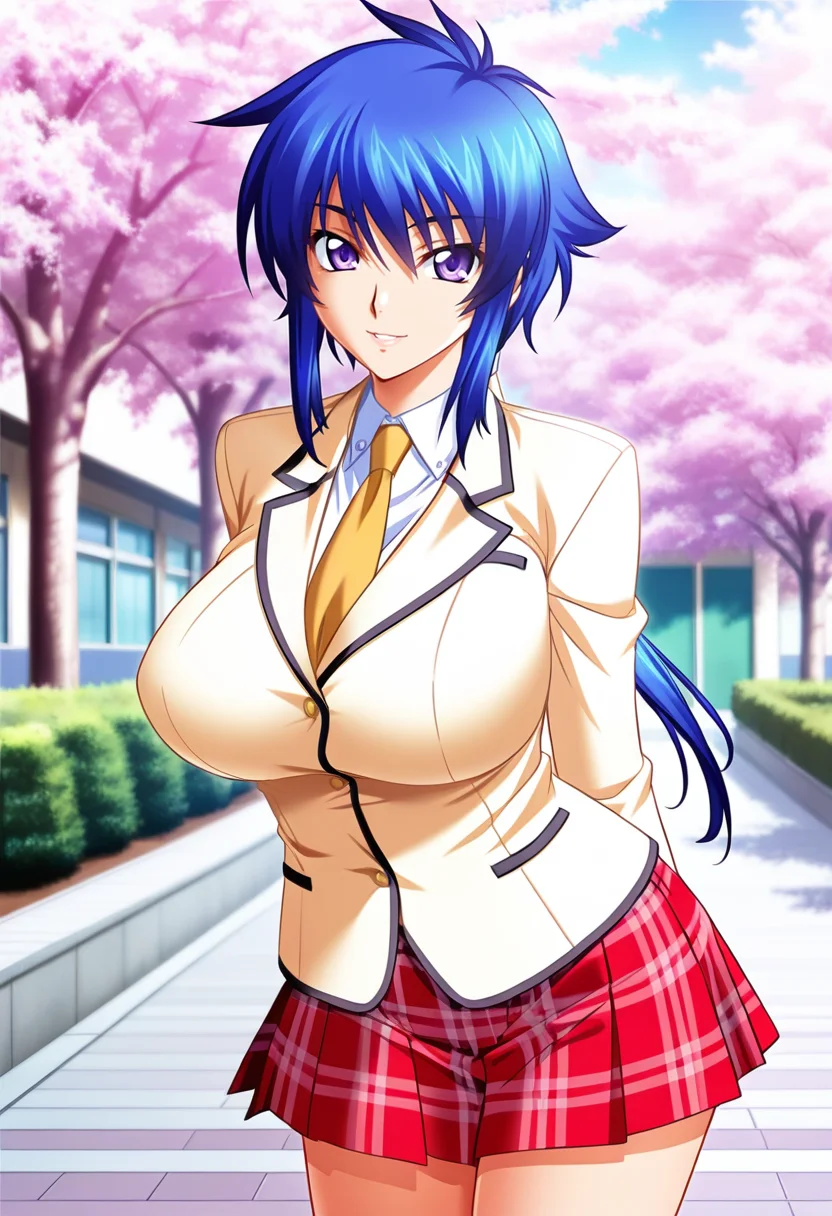 masterpiece, best quality, amazing quality,kaede kiryuu, purple eyes, blue hair, low ponytail, 1girl, solo,breasts,school uniform, large breasts, long hair,yellow necktie, yellow jacket,white shirt,red plaid,red plaid skirt,parted lips, light smile, standing, looking at viewer, cowboy shot, blurry background, outdoors, school, cherry blossoms <lora:kaede kiryuuV1:0.9>