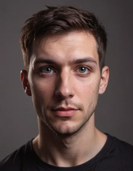 realistic face of a Twitch streamer, in front of plain wall, looking into camera, reflection of ring light in eyes