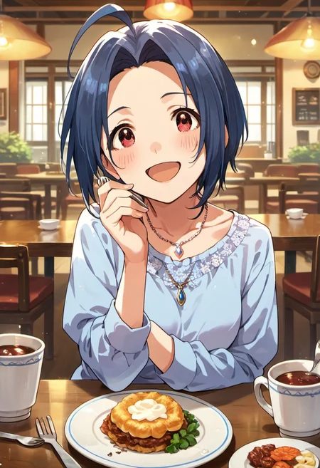 score_9, score_8_up, score_7_up, source_anime,miura azusa, blue hair, ahoge, short hair, red eyes, 1girl, necklace, jewelry, solo, fork, table, smile, cup, shirt, food, open mouth, blush