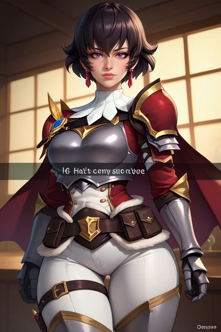 score_9, score_8_up, score_7_up, BREAK, 1girl, solo, breasts,  <lora:snapchat-guy-PONYv1:1>, snapchat,  <lora:FioraynePDXL_V1-Manityro-adamw:1> FioRayne, purple eyes, black hair, short hair, dangle earrings, ArmFio, red cape, military uniform, grey armor, shoulder armor, breastplate, armored gloves, fur belt, white pants, thigh strap, thigh boots