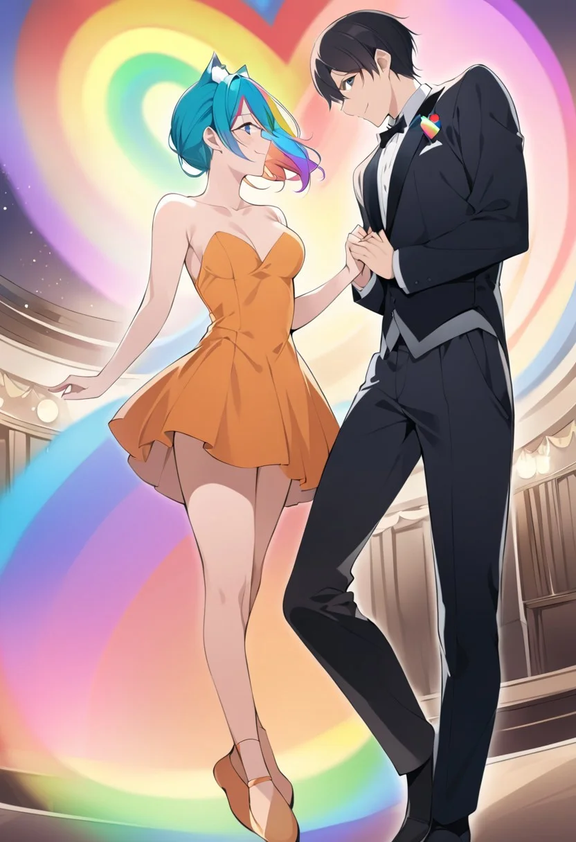 (masterpiece), (score_9, score_8_up, score_7_up,source_anime), 4K8K, best quality, high res image, illustration, (Uncorrected), CG, 
(Heart-Shaped:1.3), 
ainb0w M0rph, from below, Romantic dance, Elegant movements, Mutual harmony,  Dynamic, active, 
(girl and boy dancing waltz), (medium breasts), smile, chin up, looking up. leg up, jumping, 
(gradient hair, multicolored hair, rainbow hair), (cat eyes, blue eyes:1.3),  
(girl wearing orange dress, stockings, ), 
(boy wearing tuxedo:1.3), 
(in ballroom,rainbow baclround, rainbow backlighting1.2),