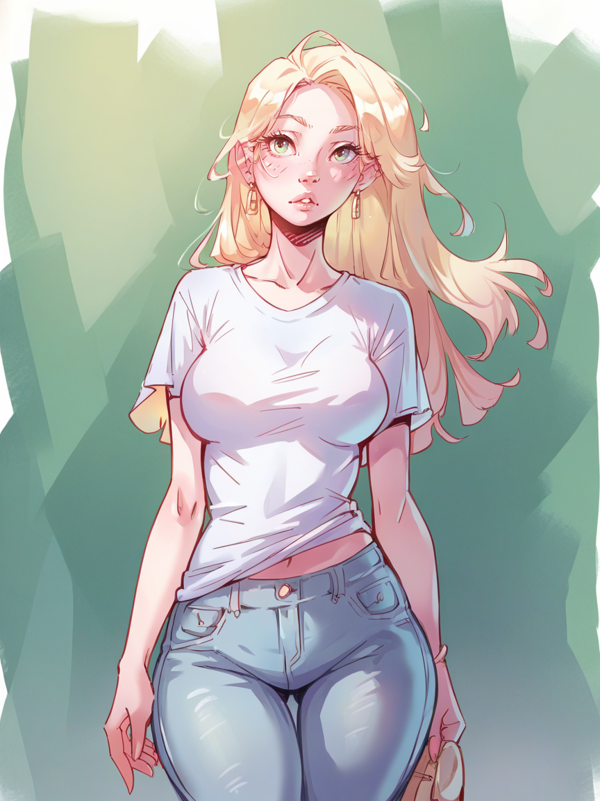 score_9, score_8_up, score_7_up, score_6_up, score_5_up,  <lora:bk1tXLP:1> bk1t, long hair, curvy, jeans, t-shirt,