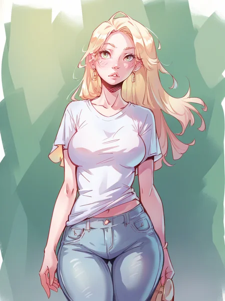 score_9, score_8_up, score_7_up, score_6_up, score_5_up, <lora:bk1tXLP:1> bk1t, long hair, curvy, jeans, t-shirt,