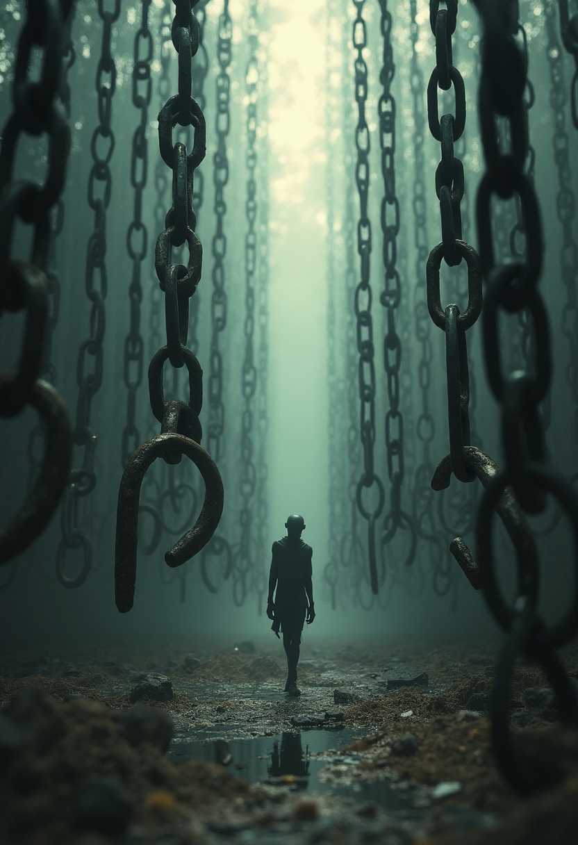 A hauntingly beautiful scene unfolds as thick, heavy chains hang from the sky, suspended in the air without touching the ground. A strange, thin, mysterious deformed figure with grotesquely elongated limbs trudges through this surreal maze with deliberate, eerie slowness. The chains sway slightly, as if alive, casting intricate, shifting shadows in the dimly lit environment. A soft, otherworldly glow bathes the scene, heightening the sense of mystery, unease and wonder, as the figure's twisted silhouette appears part and parcel of this strange, ethereal world.







