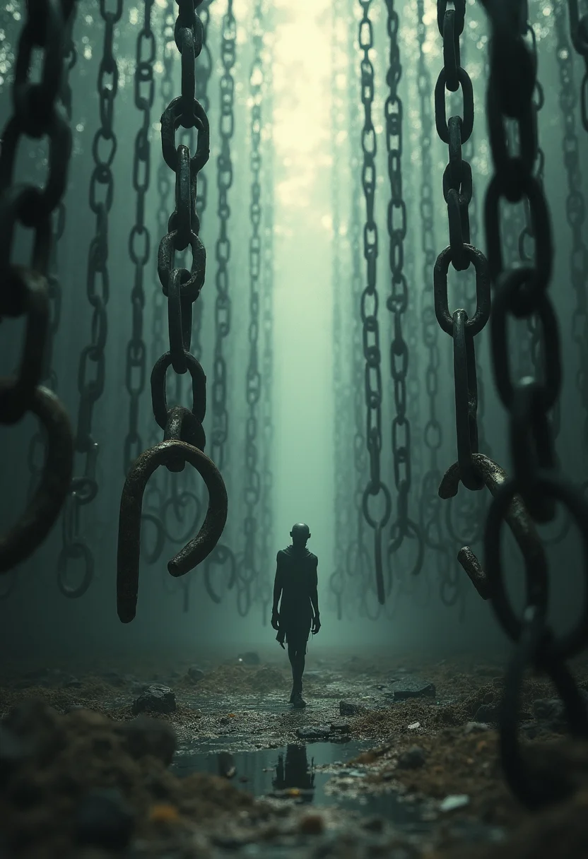 A hauntingly beautiful scene unfolds as thick, heavy chains hang from the sky, suspended in the air without touching the ground. A strange, thin, mysterious deformed figure with grotesquely elongated limbs trudges through this surreal maze with deliberate, eerie slowness. The chains sway slightly, as if alive, casting intricate, shifting shadows in the dimly lit environment. A soft, otherworldly glow bathes the scene, heightening the sense of mystery, unease and wonder, as the figure's twisted silhouette appears part and parcel of this strange, ethereal world.







