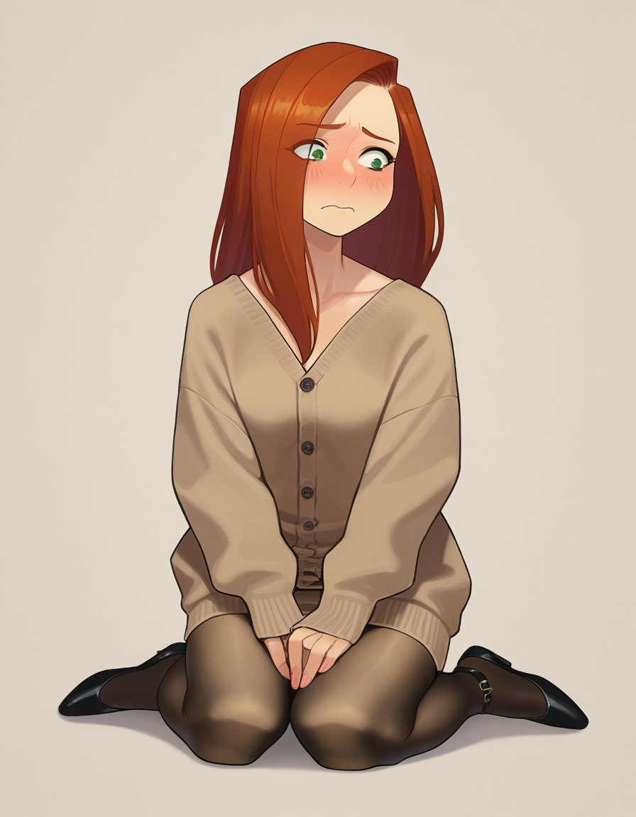 zPDXL, score_9, score_8_up, score_7_up, source_anime, 1girl, solo, (portrait),
 <lora:Yomu_v1:1> y0mu, Kim Possible, long hair, red hair, nervous, kneeling, knit-cardigan, midi-dress, ankle-strap-flats, sheer-pantyhose,