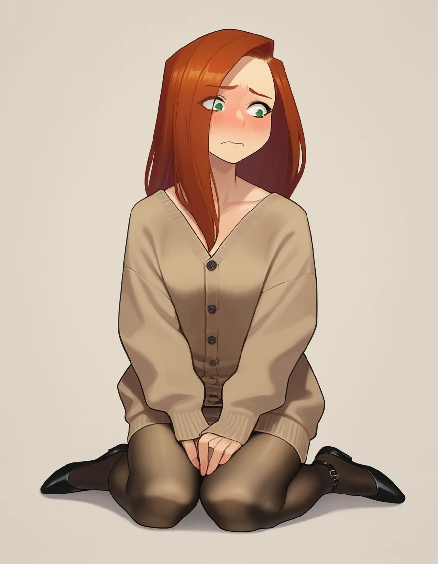 zPDXL, score_9, score_8_up, score_7_up, source_anime, 1girl, solo, (portrait),
<lora:Yomu_v1:1> y0mu, Kim Possible, long hair, red hair, nervous, kneeling, knit-cardigan, midi-dress, ankle-strap-flats, sheer-pantyhose,