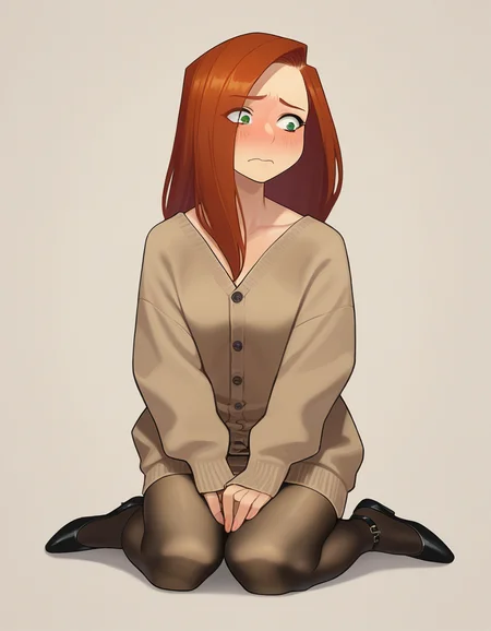 zPDXL, score_9, score_8_up, score_7_up, source_anime, 1girl, solo, (portrait),
 <lora:Yomu_v1:1> y0mu, Kim Possible, long hair, red hair, nervous, kneeling, knit-cardigan, midi-dress, ankle-strap-flats, sheer-pantyhose,