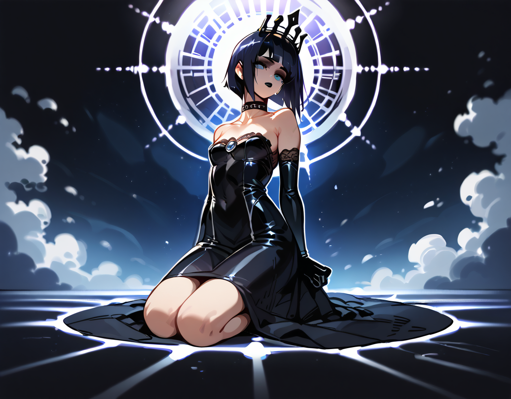 (score_9,score_8_up,score_7_up:1), 1girl, full body, off wide angle, ambient lighting, crying in sorrow, (goth, black lipstick, silver jewelry, silver piercings, black mascara, black eyeshadow), <lora:veiny-breasts-ponyxl-lora-nochekaiser:1>, (skinny), inky oozing hair color,choker, eyeshadow, (bloodless white soft skin), (kneeling), dusty space ship, (black gloves, elbow gloves, black dress, lace, gown, tiara, crown), <lora:oatmealdood:1> oatmealdood