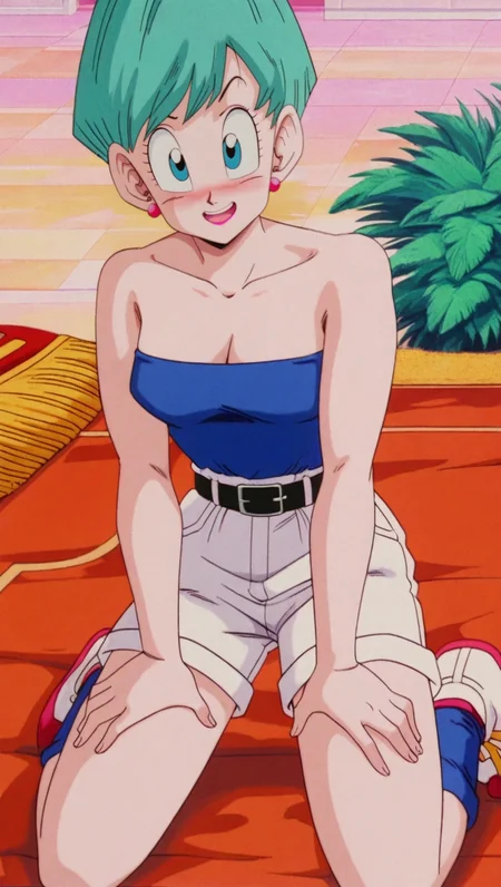 source_anime, masterpiece, best quality, amazing quality, anime screencap, high quality, 8k, absurdres, official style, 1girl, solo, looking at viewer, kneeling, open mouth smile, hands on thighs, <lora:Bulma_Early_Z_iL:1>, 8u1m4 Z early, blue eyes, aqua hair, raditz saga, short hair, no jacket, blue tube top, bare shoulders, cleavage, shorts, white shorts, shoes, socks, belt, makeup, lipstick,