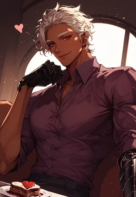 safe_pos, safe_pos, score_9, score_8_up, score_7_up, anime, best quality, 30 years old, big, brown skin, 1male, white blond eyebrows, styled hair, short hair, white blonde hair, brown skin, handsome, Roman nose, toned, red eyes
, wavy hair, hair back, Hair combed back,
,
Android, robotic arms, black robotic parts, black arms,
dynamic pose, expressive, dynamic angle,
,
love, pov, looking at the viewer, close up, dramatic angle, dutch angle, fisheye, closed mouth,
,
seductive smile, sitting on couch, looking at you, flirty, bright smile, elegant purple shirt, dark lighting, busy restaurant, wine, table full of food, valentine, pink, date, heart,