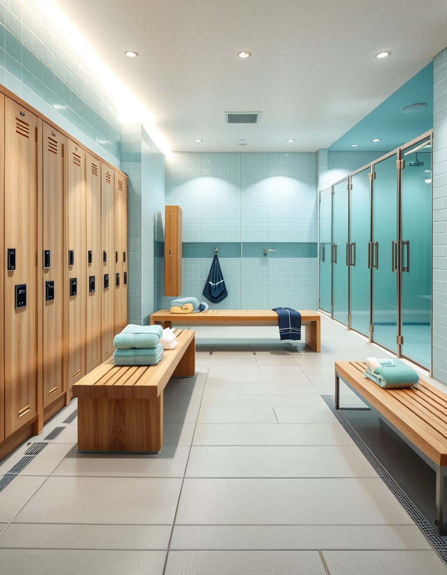 A realistic photograph of a modern swimming pool changing room, featuring clean, sleek design with white tiled walls and light blue accents. Rows of wooden benches with metal frames are neatly aligned in the center of the room. On the sides, there are individual lockers with glossy pastel-colored doors (light blue, mint green, and pale yellow), each with small number labels. Hooks are mounted on the walls, some holding neatly folded towels. The floor is made of non-slip gray tiles, slightly wet, reflecting the soft overhead LED lighting. The atmosphere is fresh and inviting, with a subtle fog from the pool area beyond a frosted glass door at the back. To the left side of the room, a large mirror spans the wall above a counter with built-in sinks, chrome faucets, and a few small bottles of hand soap. A subtle reflection of the interior is visible in the mirror. No people are present in the room. The lighting is bright but natural, as if itâs daytime with soft sunlight filtering through small high windows. The mood is calm, clean, and welcoming, captured with a high-resolution camera in photorealistic style. 
<lora:SDXLFaeTastic2400:0.4> <lora:extremely_detailed:0.4> extremely detailed,<lora:swimming_pool_ch4ng1ng_r00m:1>,swimming pool ch4ng1ng r00m, Masterpiece,best quality,hi res,8k,hi res,8k,award winning,(sharp focus, intricate, highly detailed),