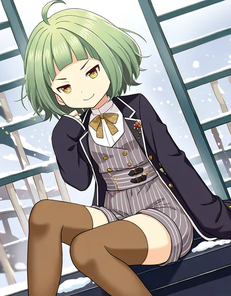 masterpiece, best quality, newest, absurdres, highres, safe, 1girl, miyako hinano \(winter costume\), magia record: mahou shoujo madoka magica gaiden, sleeves past wrists, shorts, thighhighs, solo, sitting, snowing, outdoors, dutch angle, <lora:miyako_hinano_noobaiXLNAIXL_vPred10Version:0.7>