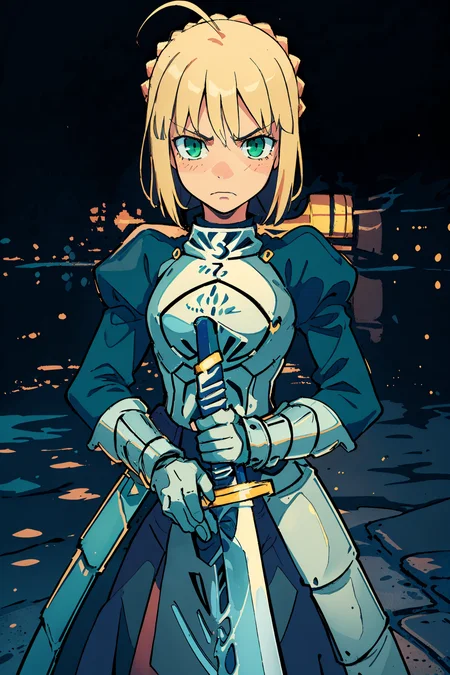 best quality, 1girl, artoria pendragon \(fate\), armor, (excalibur \(fate/stay night\), sword, holding sword:1.1), green eyes, blonde ,frown
high quality masterpiece <lora:epiNoiseoffset_v2:1> <lora:bacunStyle_bacunStyleV1:0.5> <lora:ironcatlora1Artoria_v10:0.7>