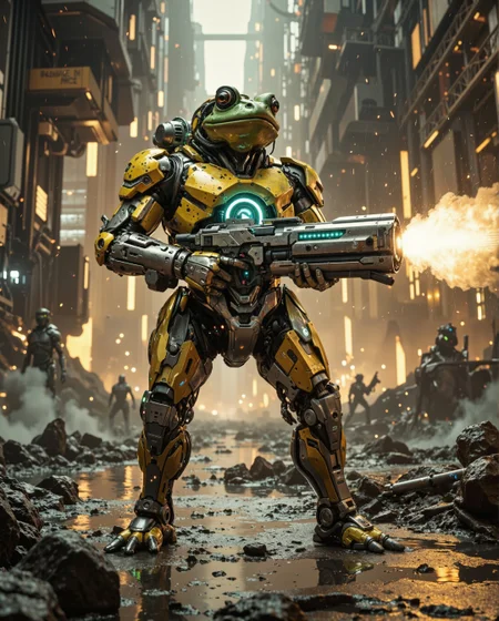 Design an epic, cinematic portrayal of a futuristic cybernetic toad warrior standing in a glowing, high-tech industrial environment. The cyber-toad is an imposing figure, towering over its surroundings with a blend of natural amphibian features and sleek robotic enhancements. Its amphibian head retains a striking resemblance to a real toad, with vibrant green, yellow, and orange tones, but its eyes gleam with a mechanical glow, suggesting advanced AI intelligence. The texture of its skin is a mix of organic smoothness and metallic panels, seamlessly integrated into its body.  The toad’s limbs are powerful and fully robotic, constructed with a combination of shining chrome and gold alloy, showcasing intricate details like gears, wires, and illuminated circuits. Its chest is fitted with a pulsating, neon-green energy core that emits a faint hum, glowing like the heart of an advanced power source. It is standing upright, its posture both natural and intimidating, giving off a commanding presence. In its hands, the toad wields a massive, futuristic plasma cannon. The weapon is brimming with sci-fi design elements: glowing energy coils, sharp contours, and a sleek metallic finish. The barrel of the gun is emitting a faint blue plasma glow, signaling it’s fully charged and ready for action.  The setting is a sprawling, futuristic industrial complex bathed in a cinematic haze of golden light. Overhead, massive beams of white and blue light pour down from suspended energy conduits, creating dynamic shadows across the scene. The environment is filled with glowing panels, intricate machinery, and distant silhouettes of similar robotic constructs, hinting at a vast, bustling mechanical world. Reflective surfaces on the ground amplify the drama of the lighting, with glowing streaks stretching toward the viewer. In the distance, faint hints of battle and destruction are visible—smoke trails, fiery sparks, and the echo of explosions give the impression that the cyber-toad is part of a larger conflict.  The composition emphasizes the toad’s heroic stature, placing it in the center of the frame with an upward angle to amplify its dominance. Surrounding elements are slightly blurred, focusing the viewer’s attention entirely on the toad and its weapon. The lighting creates a stark contrast between the vibrant glow of the toad’s energy core and gun, and the darker, shadowy edges of the frame. The air is thick with suspense, and the toad’s determined expression suggests it’s preparing for a pivotal battle.  Capture the intricate details of the toad’s cybernetic body, the dazzling glow of its energy core, and the raw power emanating from its weapon. The overall mood should evoke a sense of awe, tension, and excitement, immersing the viewer in a high-stakes sci-fi action scene. The atmosphere must combine futuristic technology with the primal essence of a predatory creature, blending the organic and the mechanical into a single, unforgettable cinematic moment.