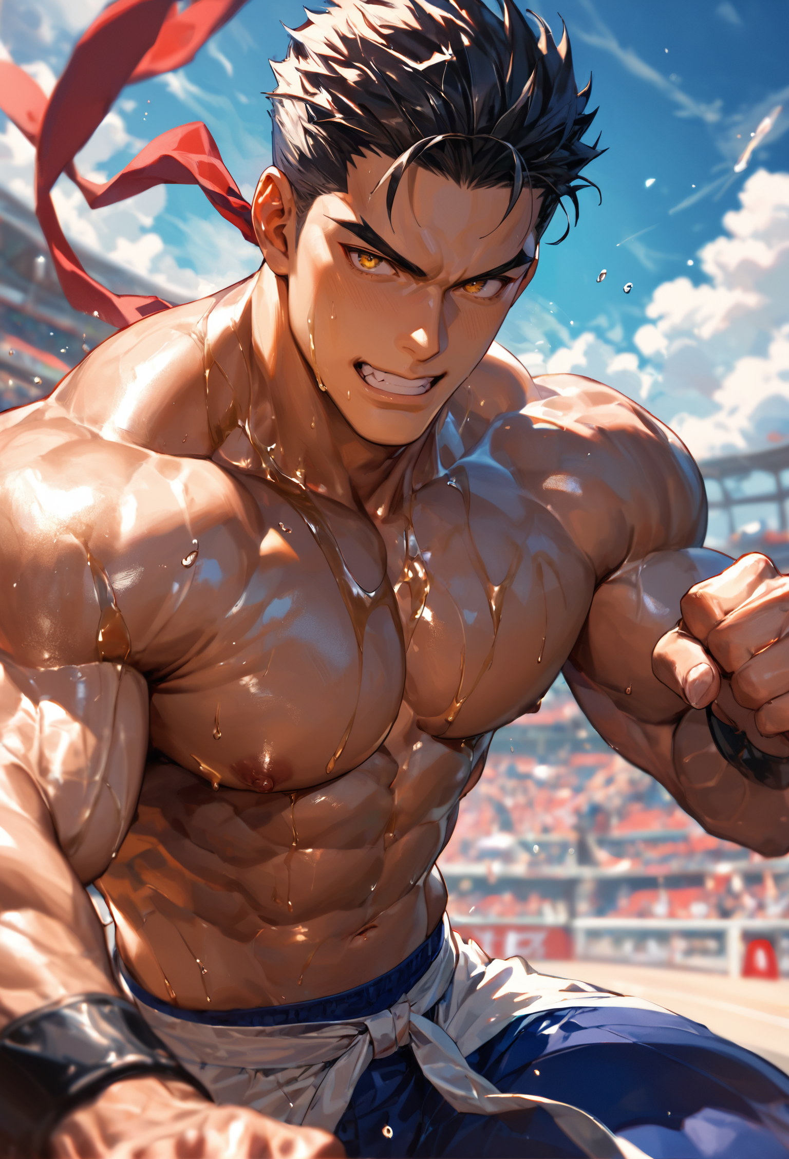 score_9, score_8_up, score_7_up, Hakan strides into the arena, his skin glistening with oil that highlights his muscular physique. His unique fighting style, which involves sliding and grappling, showcases his strength and flexibility, drawing eyes with every slick move.