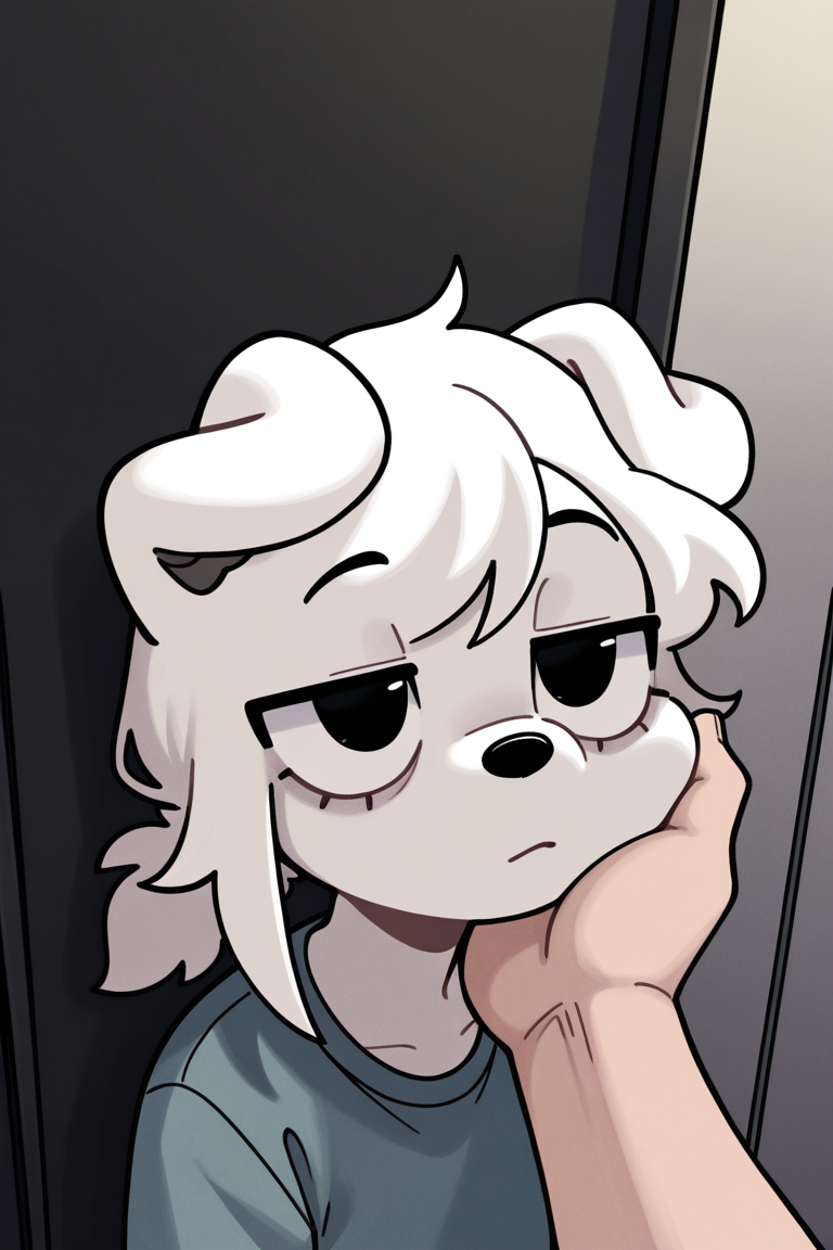 masterpiece, best quality, newest, highres,very aesthetic, absurdes, detailed eyes, 1girl, bearsockzdog,white hair, furry female, dog girl, black eyes, ponytail, upper_body,  shirt, 1boy, human male, height_difference,  out of frame, hand on anothers cheek, dynamic angle,  looking at another , solo_focus