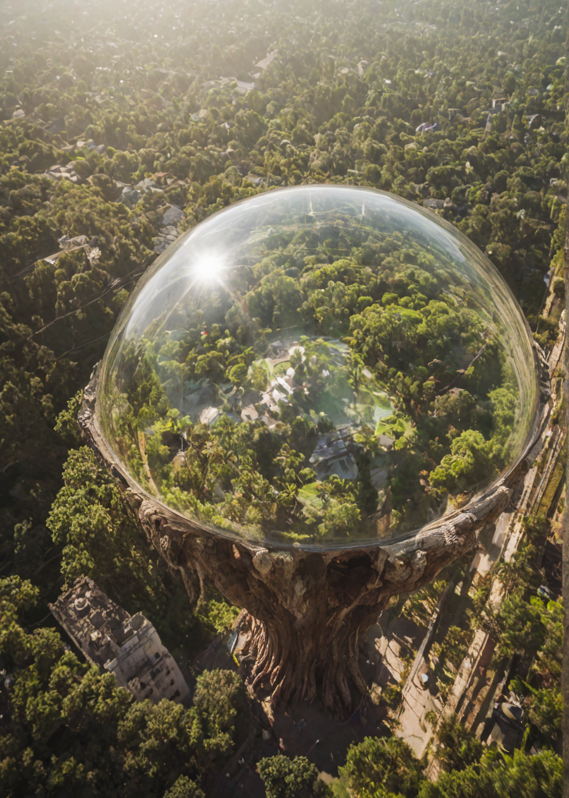 (pui:0.01) Scenic view from ((Huge, hollow tree trunk:1.13) serving as a lookout, ) looking down into futuristic (eco-friendly city:1.17) nestled within (pristine alien landscape:1.16), (sustainable architecture:1.15) blending seamlessly with (natural surroundings:1.14), (giant transparent dome:1.13) encasing (luminous city center:1.12), (elevated transport lines:1.11) crisscrossing (skybridge:1.10), (public hovercraft:1.09) zipping by, (flying cargo drones:1.08) delivering goods, (solar panels, |} harnessing (planet's natural energy:1.07), (green spaces:1.06) interspersed with (modern structures:1.05), (alien wildlife:0.94) roaming freely, (distant planets visible:0.93), (soft, colorful light:0.92) emanating from bioluminescent plants (peaceful atmosphere:1.18), (harmony with nature:1.16), (innovative design:1.15), (utopian vision:1.14), (protecting the environment:1.13),  (eco-friendly innovation:1.12),  (celestial backdrop:1.11), giant, leafy trees with glowing trunks, flying, translucent creatures, organic, curved skyscrs, a massive, glowing crystal at the city's heart, transparent, domed greenhouses reflections, sun rays,  clear transparent water (epic:0.72, (masterpiece:0.81), (high image quality:1.08), (RAW:0.99),high definition,masterpiece, best quality, newest, <lora:LCMTurboMix_Euler_A_fix.safetensors:0.96:0.3> <lora:sdxl\add-detail-xl.safetensors:0.87:0.10  p13,s1