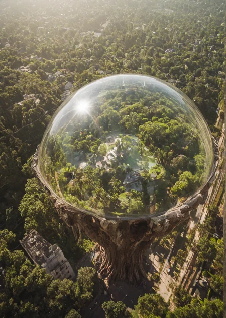 (pui:0.01) Scenic view from ((Huge, hollow tree trunk:1.13) serving as a lookout, ) looking down into futuristic (eco-friendly city:1.17) nestled within (pristine alien landscape:1.16), (sustainable architecture:1.15) blending seamlessly with (natural surroundings:1.14), (giant transparent dome:1.13) encasing (luminous city center:1.12), (elevated transport lines:1.11) crisscrossing (skybridge:1.10), (public hovercraft:1.09) zipping by, (flying cargo drones:1.08) delivering goods, (solar panels, |} harnessing (planet's natural energy:1.07), (green spaces:1.06) interspersed with (modern structures:1.05), (alien wildlife:0.94) roaming freely, (distant planets visible:0.93), (soft, colorful light:0.92) emanating from bioluminescent plants (peaceful atmosphere:1.18), (harmony with nature:1.16), (innovative design:1.15), (utopian vision:1.14), (protecting the environment:1.13), (eco-friendly innovation:1.12), (celestial backdrop:1.11), giant, leafy trees with glowing trunks, flying, translucent creatures, organic, curved skyscrs, a massive, glowing crystal at the city's heart, transparent, domed greenhouses reflections, sun rays, clear transparent water (epic:0.72, (masterpiece:0.81), (high image quality:1.08), (RAW:0.99),high definition,masterpiece, best quality, newest, <lora:LCMTurboMix_Euler_A_fix.safetensors:0.96:0.3> <lora:sdxl\add-detail-xl.safetensors:0.87:0.10 p13,s1