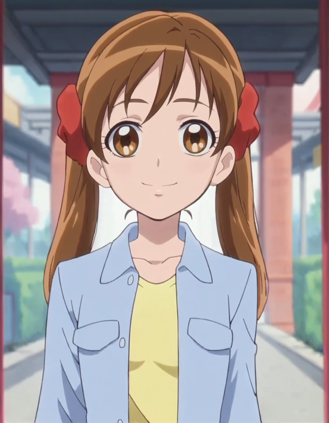 score_9, score_8_up, score_7_up,anime screencap,1girl,solo,sakagamiayumi,  skirt, looking at viewer,  smile, blue skirt, long sleeves,yellow shirt,blue jacket, medium breasts,<lora:sakagamiayumi:0.8>