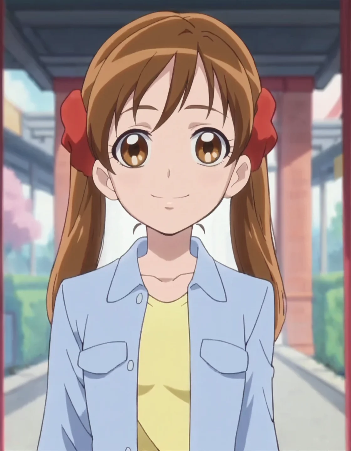 score_9, score_8_up, score_7_up,anime screencap,1girl,solo,sakagamiayumi,  skirt, looking at viewer,  smile, blue skirt, long sleeves,yellow shirt,blue jacket, medium breasts,<lora:sakagamiayumi:0.8>