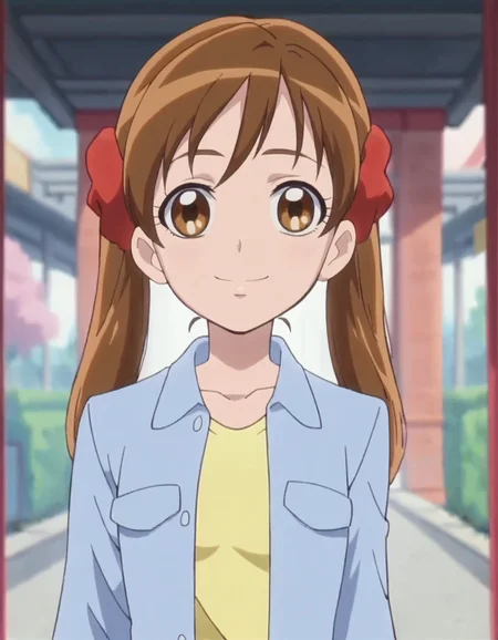 score_9, score_8_up, score_7_up,anime screencap,1girl,solo,sakagamiayumi, skirt, looking at viewer, smile, blue skirt, long sleeves,yellow shirt,blue jacket, medium breasts,<lora:sakagamiayumi:0.8>