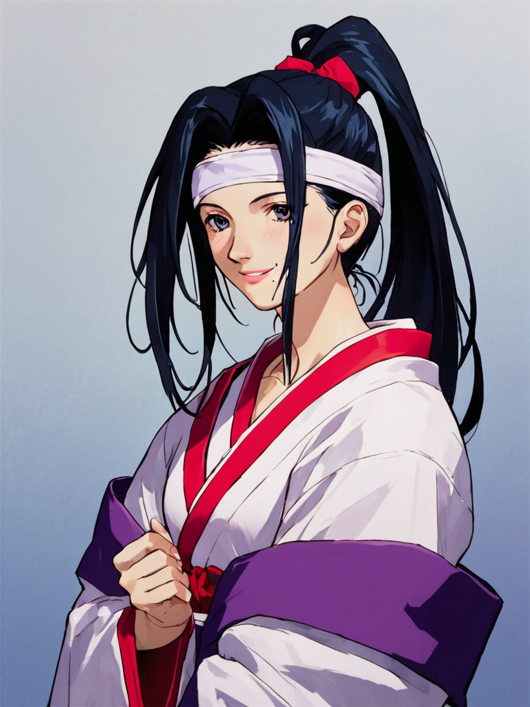 score_9, score_8_up, score_7_up, score_6_up, masterpiece, perfect face, perfect hands, high quality, source_cartoon, (1girl, solo,) <lora:Twilight_Suzuka_-_Outlaw_Star:1> twilightsuzuka, black hair, long hair, headband, ponytail, mole under mouth,  japanese clothes, 1990s (style), white robe, smile,