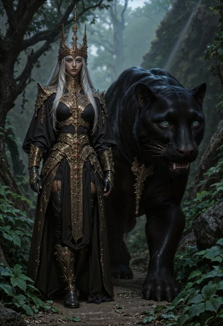 A powerful female warrior with long silver hair, wearing tribal armor with golden details, walking confidently beside a massive black panther with glowing blue eyes. The environment is a misty jungle with rays of light breaking through the trees. The scene is cinematic, hyper-realistic, 8K, with ultra-detailed textures and dramatic lighting. <lora:flux.1_lora_flyway_Epic-detail_v2:0.85> <lora:FluxMythAn1meL1nes:0.8> <lora:MoriiMee_Gothic_Niji_Style__FLUX_LoRA_Test_2:0.65>