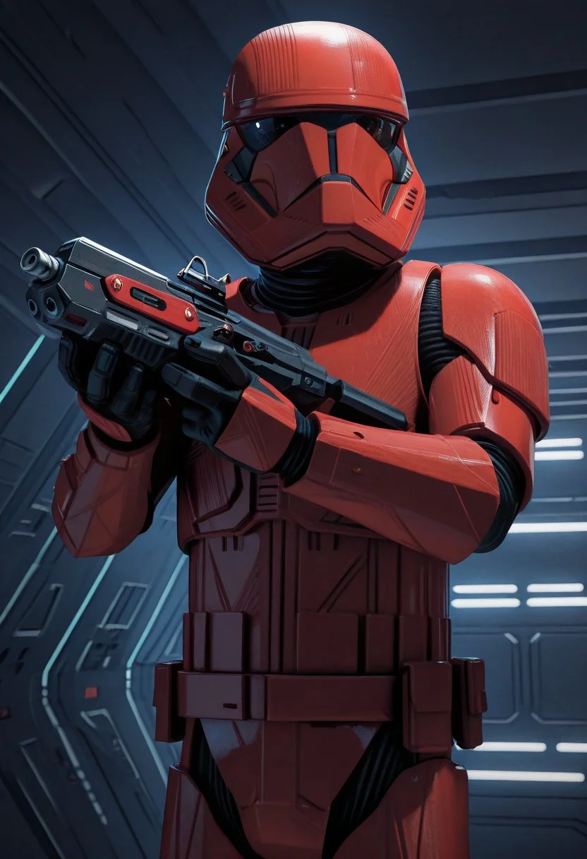 detailed background, cowboy shot, solo, 1boy, SithTrooper, red armor, red helmet, black visor, holding st-w48 blaster riffle in hands, Imperial-Style, Imperial-Tech, Star Wars, detailed scenery, masterpiece, best quality, very aesthetic, newest, masterpiece, best quality, amazing quality, very aesthetic, absurdres, newest,, high res, ultra detailed, best quality, best artwork, detailed eyes, (eyes focus), perfect eyes, big iris, pupils visible, anthro hands, claws, 4k, ultra quality, perfect face, absurdres,masterpiece,best quality,amazing