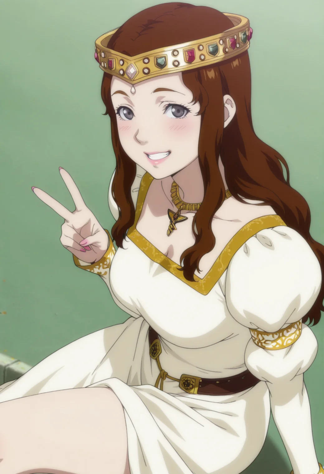 anime screencap, anime coloring,  <lora:DX888Charlotte:1> charlotte, grey eyes, brown hair, lips,hair down, long hair, princess, crown,  necklace, puffy sleeves, long dress, BREAK simple background, green  background, BREAK  1girl, blush, breasts, grin, gyaru v,  looking at viewer, sitting, solo, thighs, v, arm support, (from above:1.2), (from side:0.9)