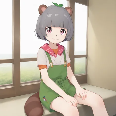 1girl, solo, <lora:pnpk02:0.6> pnpk_vt, raccoon tail, tail, bangs, short hair, short sleeves, blunt bangs, sitting, smile, looking at viewer