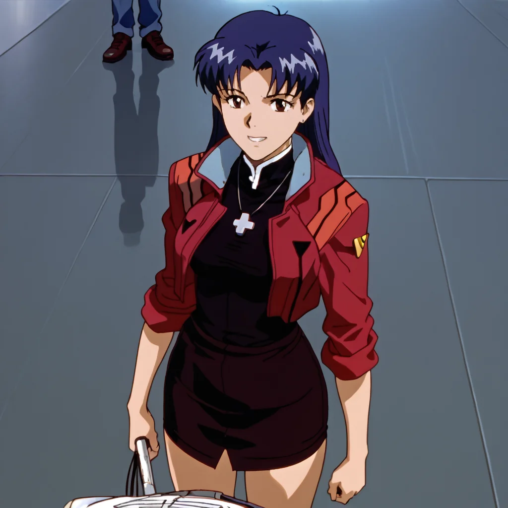 <lora:misatoevangelion_pony_v1:1>  Misato, katsuragi misato, 1girl, jewelry, red jacket, long hair, cross necklace, pencil skirt, brown eyes, blue hair, cropped jacket