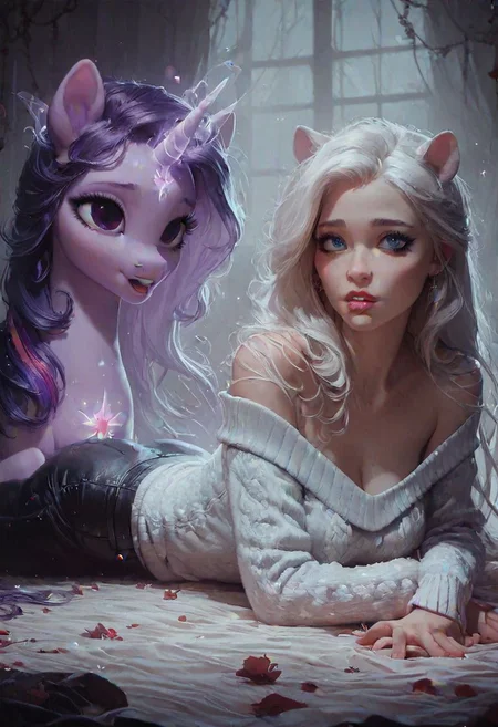 score_9, score_8_up, score_7_up, 1woman, extremely detailed, high quality, realistic, beautiful eyes, cleavage, white sweater, leather pants, top down <lora:pony/twilight_style:0.8> <lora:pony/expressiveh:0.8> expressiveh <lora:pony/spirit_animals> Spirit Animal