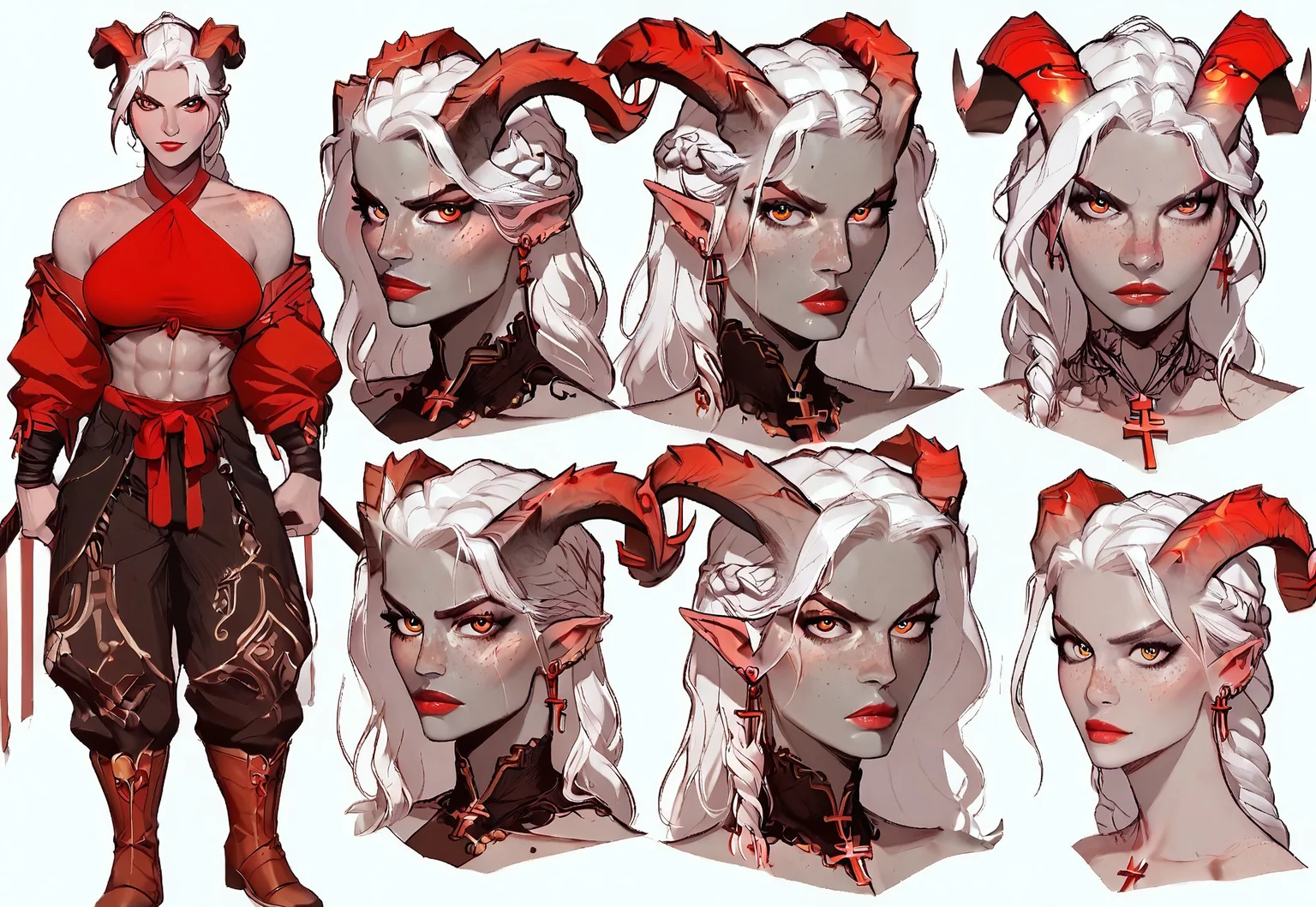 safe_pos, safe_pos, (score_9, score_8_up, score_7_up, score_6_up), (highres image, ultrares, absurdres, ultra detailed), (masterpiece:1.8) BREAK,
1girl, Instagram Model, dynamic character design, female focus, (((random pose, multiple views, random views, unique angles))), ((Qunari)), perfect face, perfect eyes, attractive, tomboy, barbarian, (white hair, very-long braided ponytail, freckles, (long curling horns:1.4), slight orange glow to horns, grey skin), ((grey skin)), ((tall, muscular)), (toned), defined biceps, defined back muscles, wide hips, perfect breasts, large perky breasts, ((Amazonian Figure)).
BREAK
(One expression per viewpoint: leaning_back, mischief:1.4, come_hither, sitting, (confident smirk:.4).
BREAK
(Teal Cross-Wrap Halter Top), (Red Rope), (Baggy Pants), (Boots), (Dual-Wielding Swords).
BREAK
Simple Background, Dramatic Lights, Concept Art
<lora:Fant5yP0ny:0.6> <lora:fantasy_world_pony:0.9> <lora:Cherry-Gig:0.55>, Expressiveh, qunari, reference sheet, (full body, from side, front:1.1), upper body, simple white background, CharacterDesignXL, (CharacterSheet:1)
