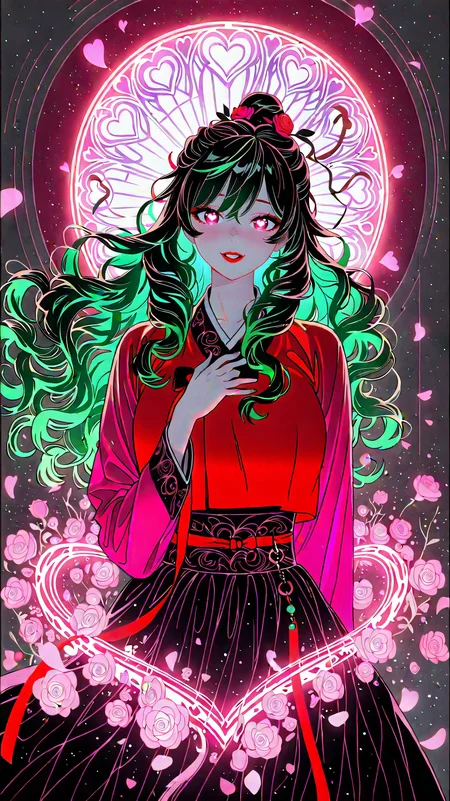 IllusP0s_1097608,  (masterpiece), (best quality), (ultra-detailed), amazing quality, very aesthetic, illustration, perfect composition, intricate details, absurdres, incredibly absurdres, BREAK,
hot attractive  girl , Romance,a woman falling for a man who is already taken,pink flower, happy valentine, valentine,cherry blossoms, a man proposing to the love of his life,true love,love aura,pink light, (medium full shot ) of two lovers cuddling, detailed face, detailed hands, detailed eyes, located in a romantic scene at a quiet hilltop during early morning with breezy weather, illuminated by natural light filtering in, creating a gentle atmosphere,chocolate, wind divination,
,see-through cleavage, haptic feedback collar,afternoon,red light ,idyllic  atmosphere,heart,  heart-shaped pupils, (love):1.5,(hanbok,korean clothes,clothed underbust,hanfu),red lips,,love  symbol,( floating heart,  heart circle):1.5.  hip armor, pink  , many red rose, 
she has big hair,hair over one breast,(wavy hair:1.2, ),dark green hair,front ponytail, bun cover ,
<lora:NSFWFilter_illusXL_Incrs_v1:-1>,(stained_glass,stained_glass_print,sglass style),hand on own chest <lora:blacklight_anime_art:1>blacklight,