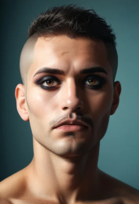 score_9, score_8_up, score_7_up, score_6_up, 1boy, thin face, high cheek bones, shaved head, goth makeup, latino, mustache, eyeliner, focus on face, hazel eyes, shadows, gritty, detailed