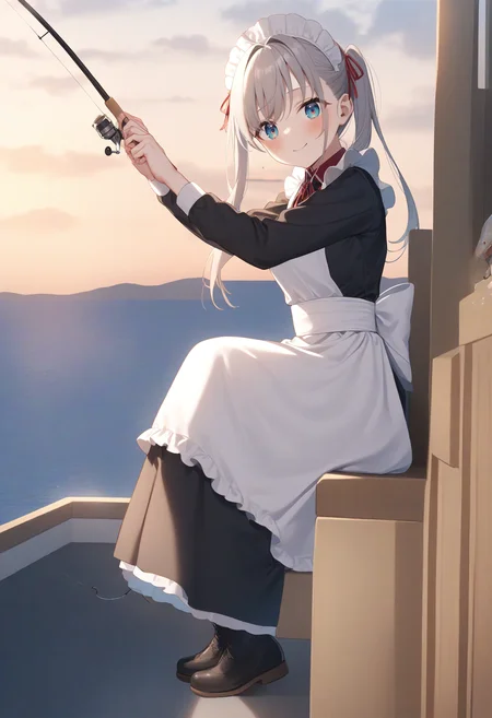 1girl,sincos, ningen mame, toosaka asagi,solo,medium breasts,20yo,maid,maid headdress,
fishing, fishing rod, fish, boat, holding fishing rod, holding fish, ocean, day, arm up, water drop, fishing line, <lora:fishing_XL_v1:0.8>
from side, full body, looking back, silver hair, golden eyes,sad smile, closed mouth, french hair,,
best quality, very aesthetic, absurdres