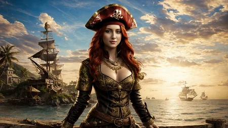 (young redhead pirate woman), (photo portrait), ftx viltrox, sharp focus, (ultradetailed), (standing), (happy) smile, pirate (ship galleon), (parrot:1.3), , gold medallion, colorpirate clothes, pirate hat, hips, pirate (village), leafy beach coast, (treasure chest with coins and jewels:1.3), rum barrel, best quality masterpiece, bright sunny sky, backlight, natural lights, high contrast, hdr, shadows, pretty, beautiful, feminine, sexy, adorable, lovely, in love, (PirateDiffusionprt:0.7), <lora:Pirate:0.3> PrateT <lora:PirateRealms:0.3> <lora:Detail Tweaker LoRA add_detail:0.5> <lora:depth_of_field_slider_v1:5> <lora:SDXLrender_v2.0:0.9>