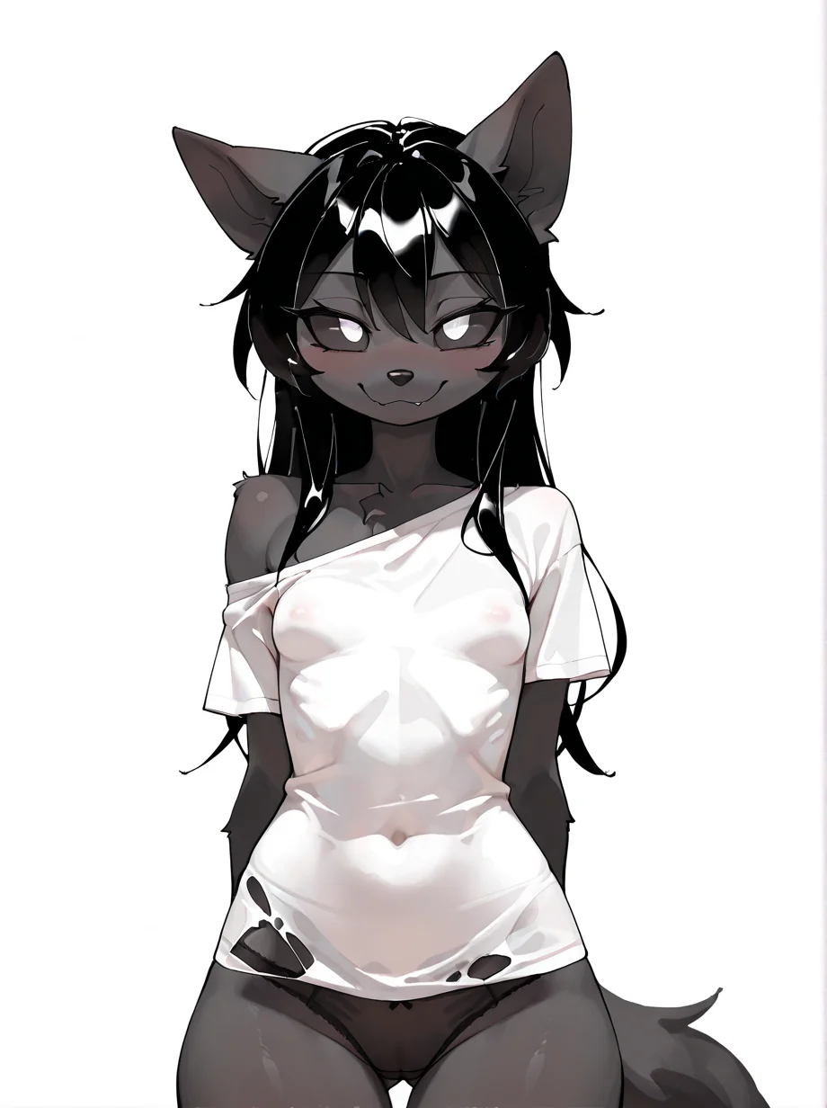 (masterpiece, high quality, best quality, 8k uhd, absurd res, very aesthetic, newest), by youjomodoki, solo, <lora:SamiWhisperfoot-Illus:1> anthro, female, black body, black hair, canid, wolf, black sclera, white pupils, torn clothes, white t-shirt, off shoulder, small breasts, black panties, seductive, teasing viewer,